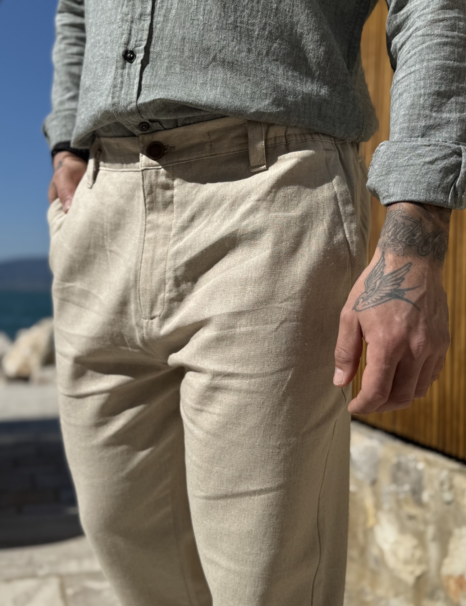 Ανδρικό μπεζ λινό υφασμάτινο παντελόνι με λάστιχο στην μέση JR0022B φωτογραφία